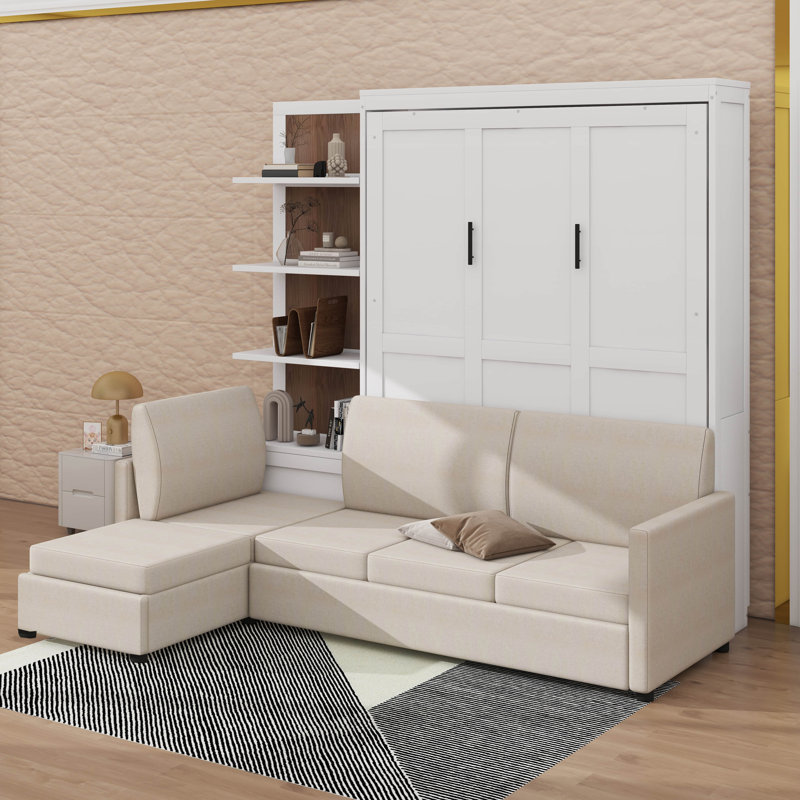 Grand lit escamotable avec canapé et tablettes, Blanc