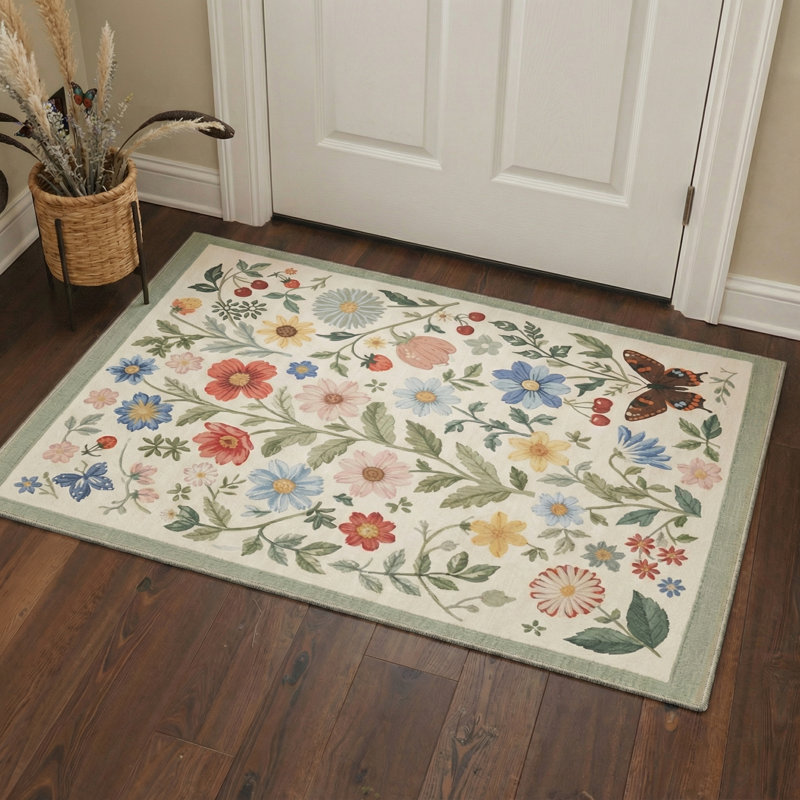 Aura Floral Machine Washable Pink / Green / Blue / Beige Indoor Area Rug with Non-Slip Backing, Rectangle 6' x 9'