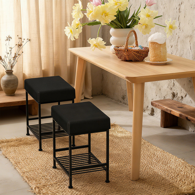 Tabouret de rangement en similicuir carré noir - Structure en métal robuste avec tablette inférieure pour la salle à manger, le placard et le salon