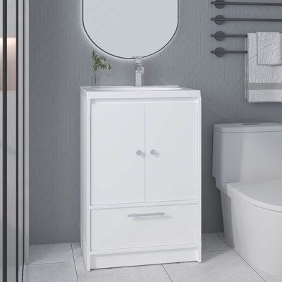 Meuble-lavabo de salle de bain avec lavabo, 2 portes, 1 tiroir, blanc
