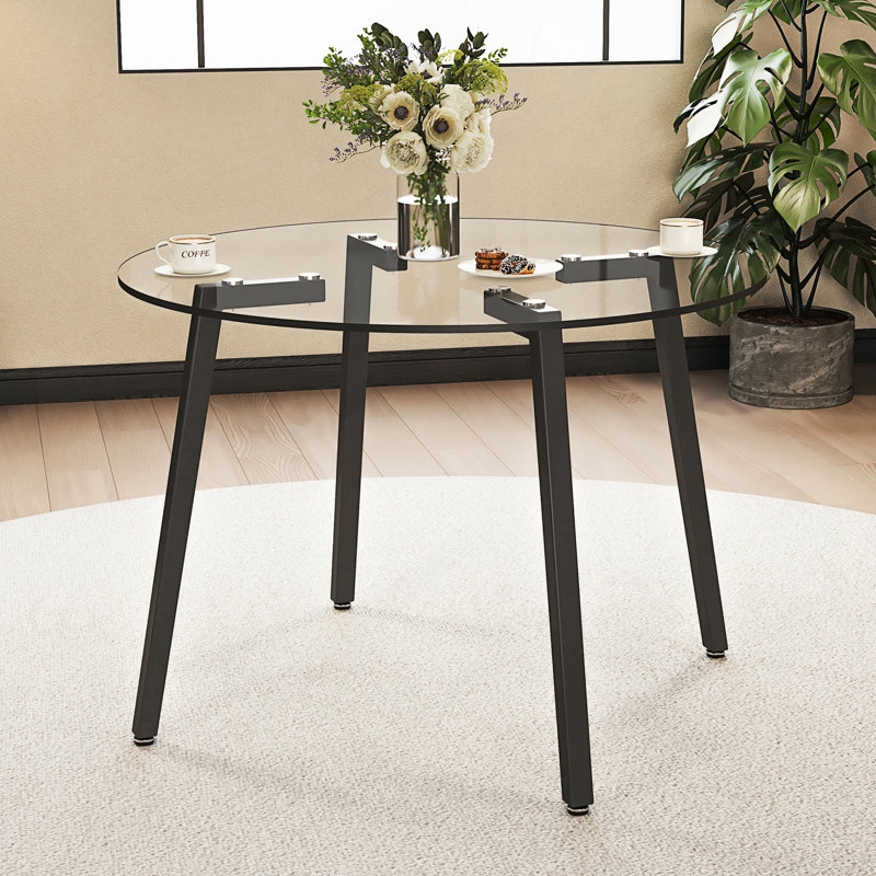 Table de salle à manger circulaire moderne en verre trempé de style minimaliste, Transparent/Black