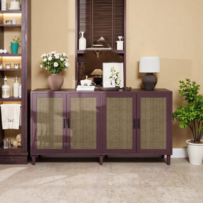 70 Inch Rattan Buffet Cabinet with 4 Doors and Adjustable Shelves - Brown Sideboard Storage Cabinet for Kitchen, Living Room, Dining Room