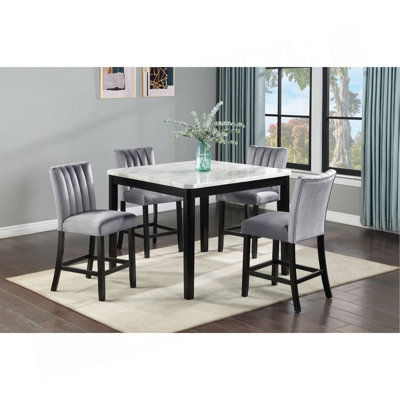 5-Piece Contemporary Counter Height Dining Set Square Faux Marble Table Tope Black Finish Upholstered Chairs Channel Tufting Wooden Solid Wood Dining Room Kitchen Furniture