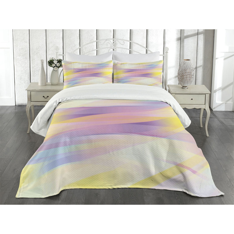 Ambesonne Digital Bedspread Set Shady Gradient Yellow Purple Peach, King Bedspread + 2 Standard Shams