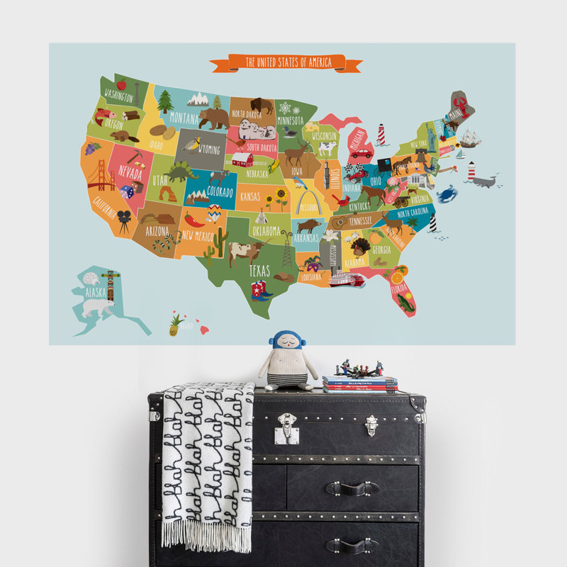 Décalcomanie murale affiche carte des états-unis, Moyen