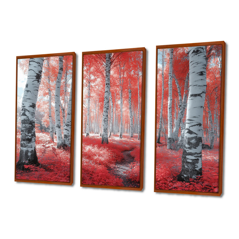 Ensemble de salon art mural forêt rouge Panorama, Toile avec cadre flottant brun, H 40 po x l 60 po x P 1 po