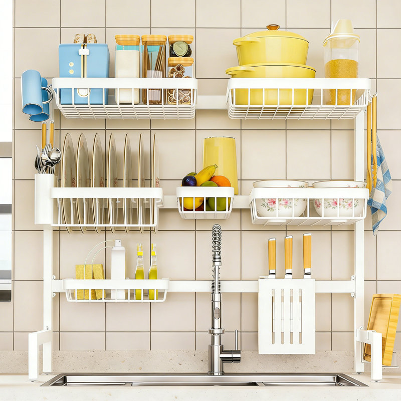 Over Sink Dish Drying Rack With Utensil Knife Holder Adjustable White, White
