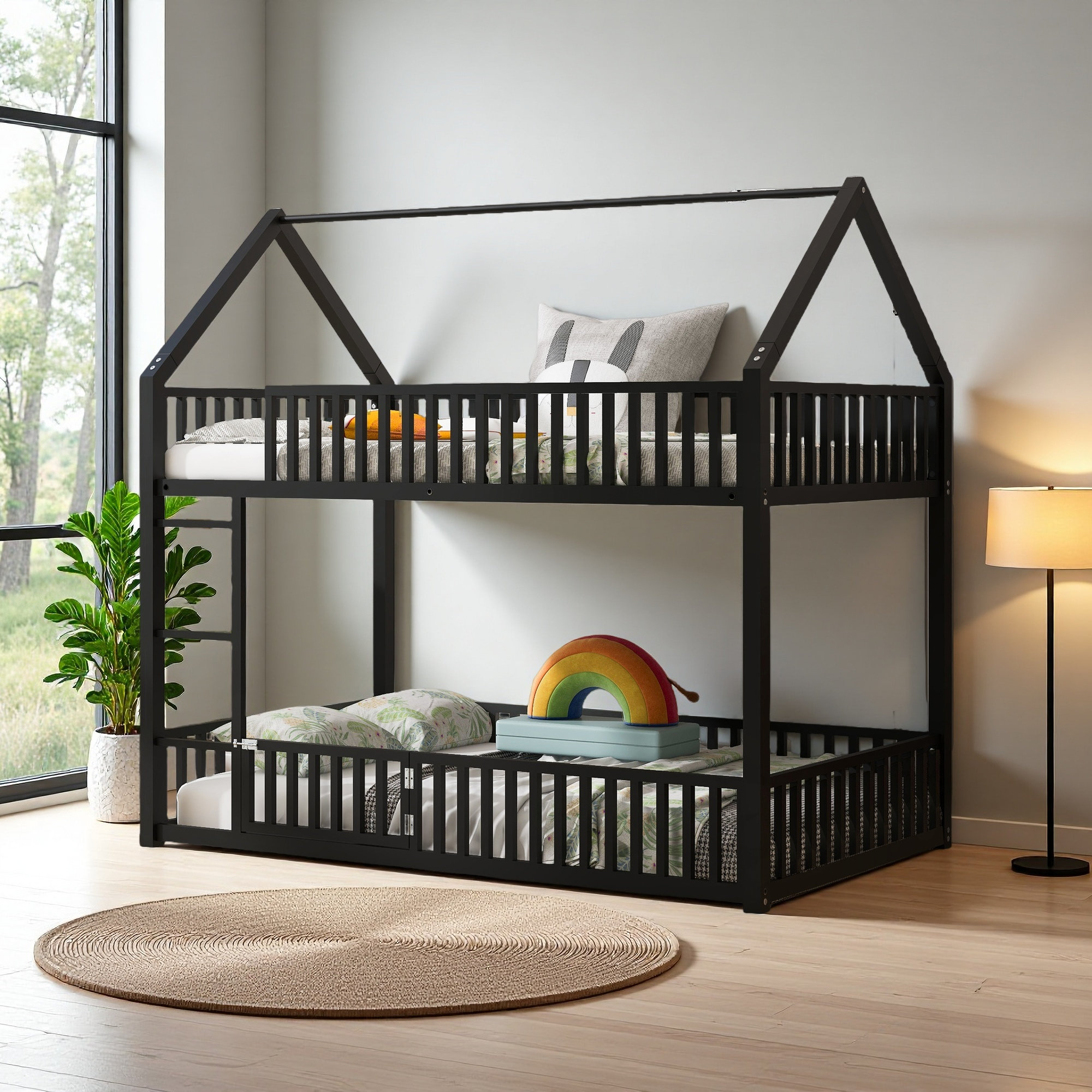 Harper Orchard Metal Twin Over Twin House Bunk Bed With Fence And Door ...