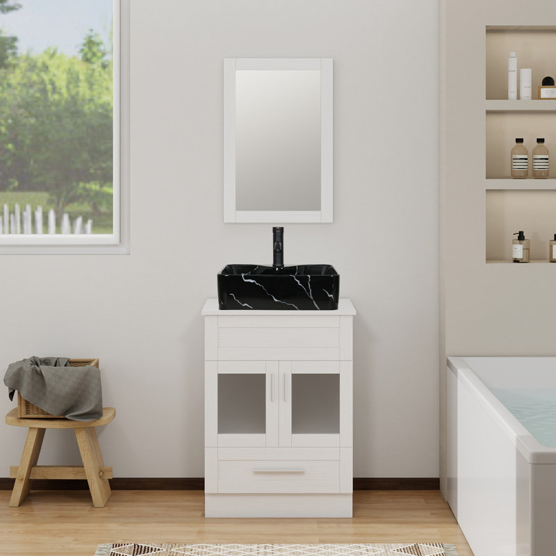 24'' Single Bathroom Vanity with Manufactured Wood Top, White, White