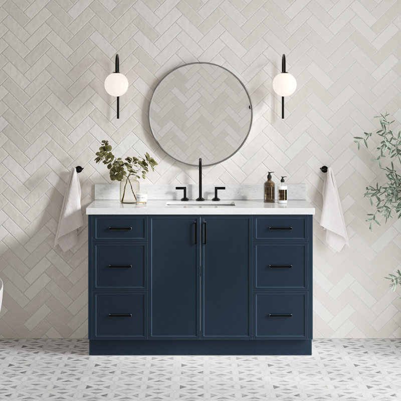 ARIEL Kelly 55 Single Sink Bathroom Vanity with Italian Carrara Marble Top, Midnight Blue, 55"