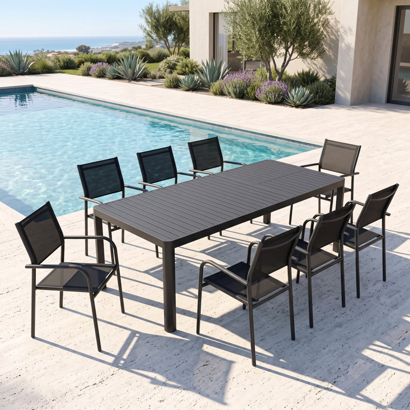 Table de salle à manger extensible en aluminium 9 pièces avec chaises empilables pour patio