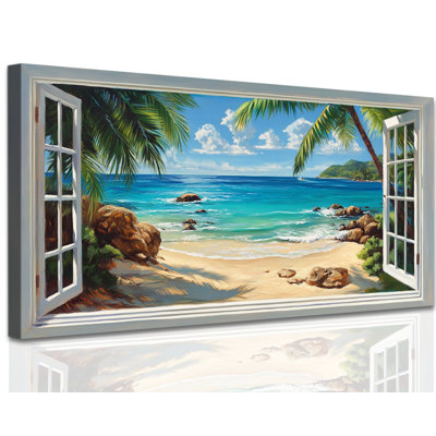  Beach Window Canvas Wall Art, Tropical Ocean View Prints, Coastal Open Window Artwork Decor, Rustic Summer Palm Trees Beach Scene Painting, Nautical Panoramic Wall Decoration for Bedroom Living Room, 20x40 inches