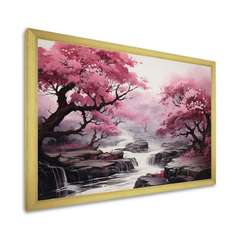 «Pink Trees Waterfall Endless Journey» - Art mural cascade, H 24 po x l 32 po x P 1 po, Cadre doré