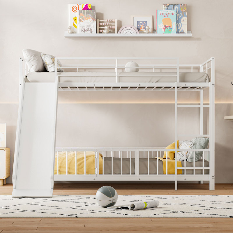 Metal Bunk Bed with Slide and Guardrails, Twin Over Twin, White