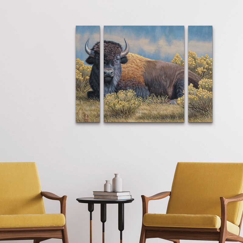 Ensemble de 3 panneaux - Jeff Hoff «Yellowstone Monarch Bison», art mural sur toile pour le salon, la chambre à coucher ou le bureau 