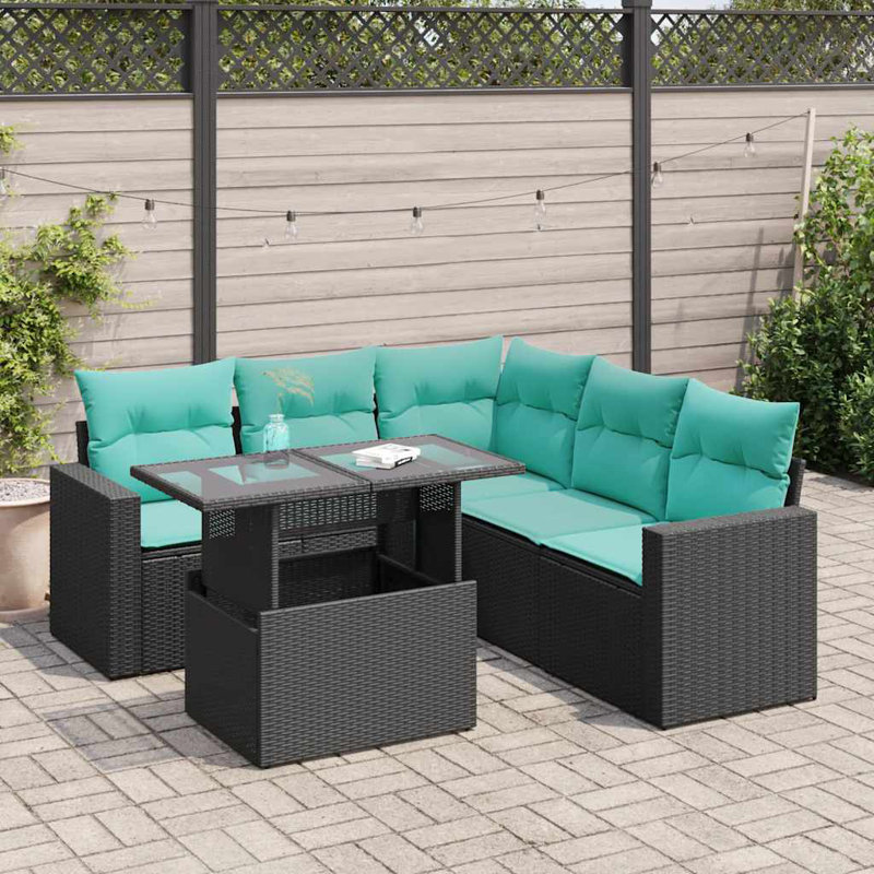  Ensemble de canapé de patio 6 pièces avec coussins en rotin polyacacia, Vert, Noir