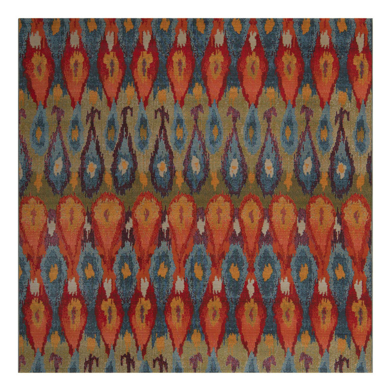 Tapis bleu intérieur / extérieur Newt Ikat, Carré 7 pi 10 po