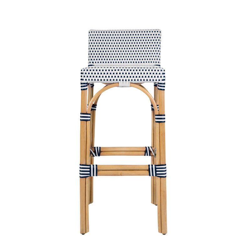 Serienna Blue & White Rattan Low Back Counter Stool, White/Blue Dot, Bar Stool (30" Seat Height)