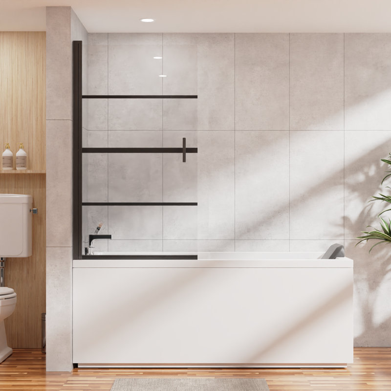 31.54" W x 55.04" H Tub Door with Clear Glass, 180° Pivot Black Bathtub Screen Panel Shower Door