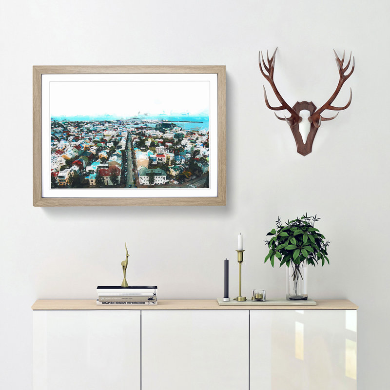 View of Reykjavik in Iceland in Abstract - Picture Frame Graphic Art Print, 40cm H x 60cm W x 2cm D, Oak