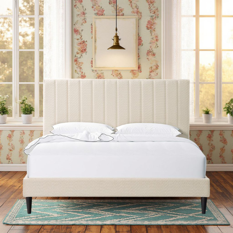 Contemporary Design Tufted Upholstered Platform Bed with Boucle Fabric Headboard, Noise Reduction, Cream White, Cream