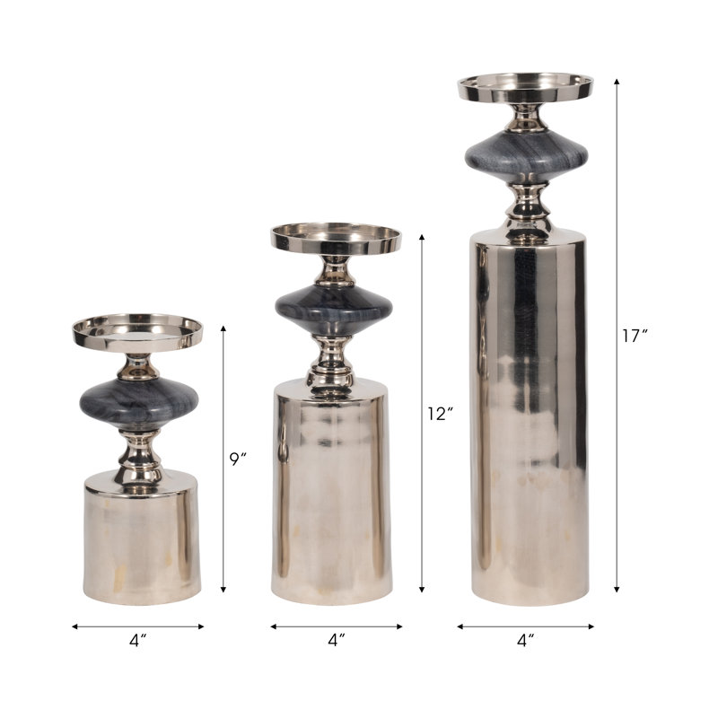 Set of 3 Metal and Marble Pillar Candle Holders & Taper Holders - Decorative Accent for Home Decor, Silver/Gray