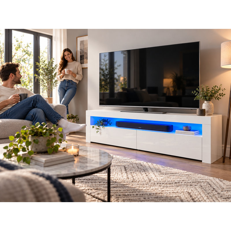 Woolhorpe White High Gloss LED TV Stand for TVs up to 65" – 155cm Media Unit with 2 Cupboards, Soundbar Shelf & Cable Management