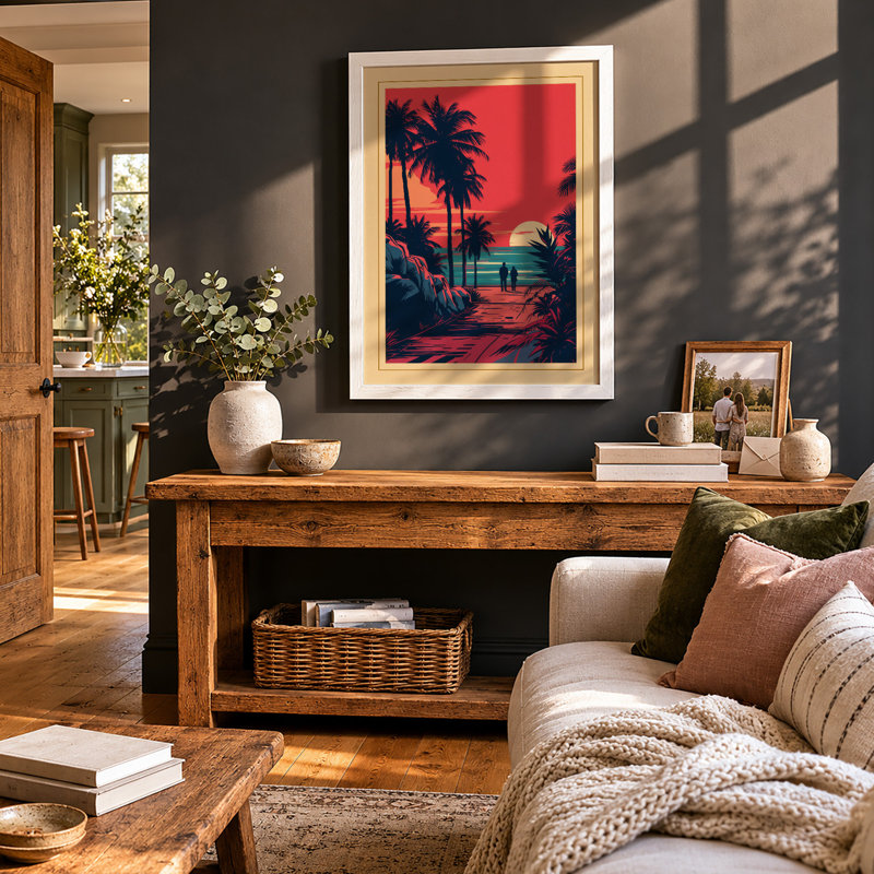 Tropical Sunset Palms Retro - Framed Print, A1 - 84.1 x 59.4 cm, White