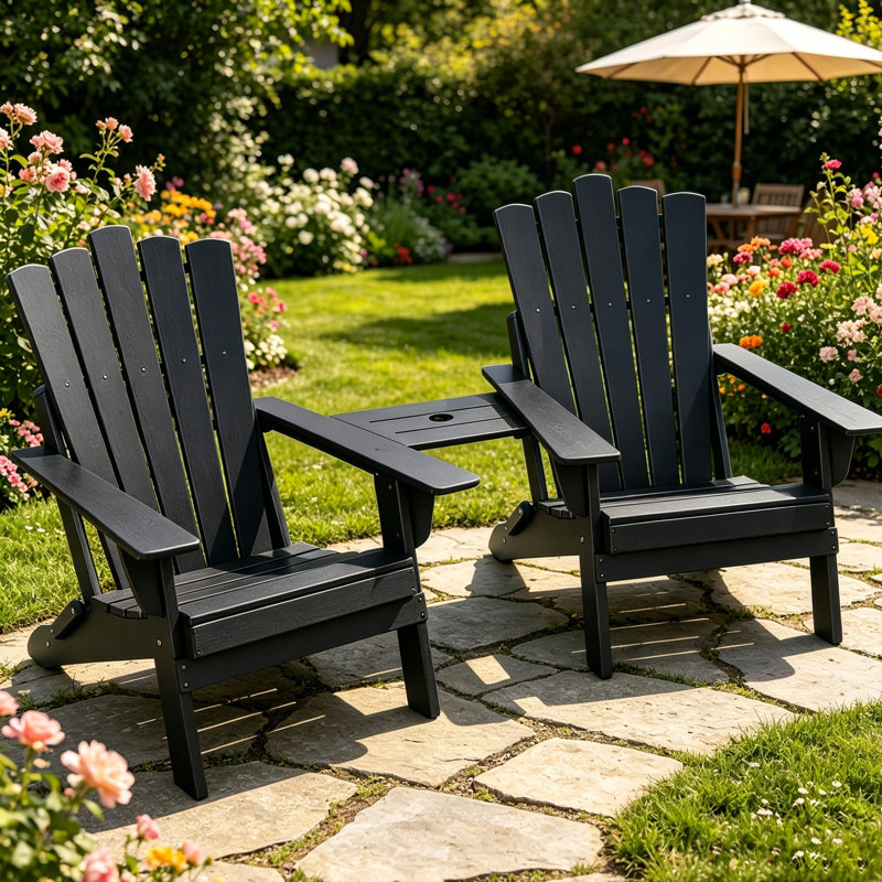 Set Of 2 Folding-Adirondack-Chairs With Connecting Tray&Umbrella Hole, Black