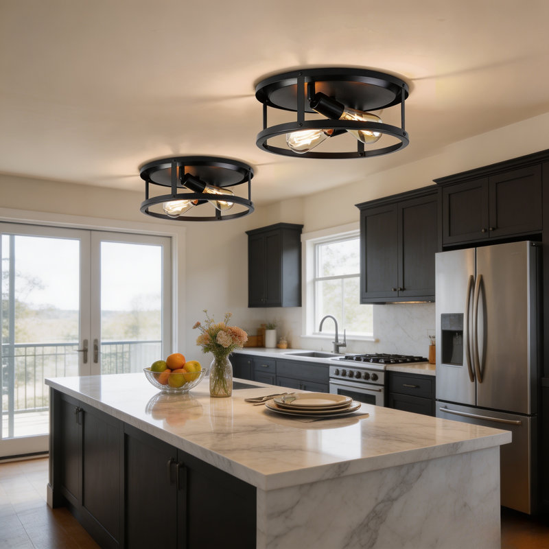 Industrial Matte Black Metal 2-light Flush Mount Ceiling Light