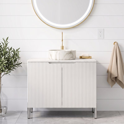 Meuble-lavabo autoportant moderne de 30 po en blanc, armoire de rangement avec 2 portes, comptoir en pierre frittée blanche de Carrare et lavabo rond en céramique blanche avec motif de pierre (sans robinet)