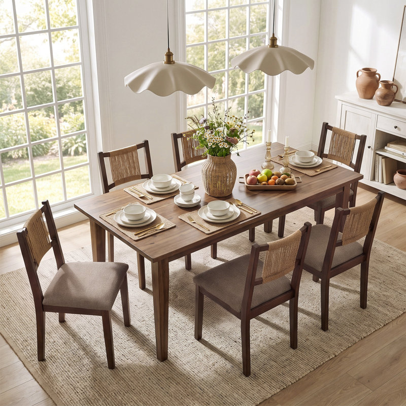 Hand-Woven Rope Dining Chair With Upholstered Seat, 6, Brown