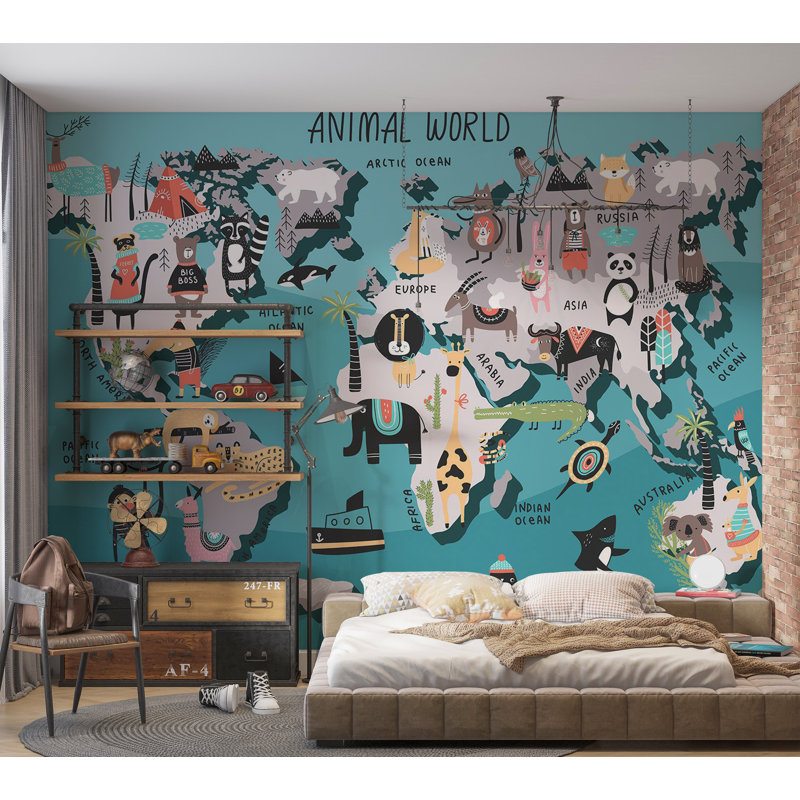 Peel & Stick Kids Wall Mural - World Map With Animals, 57" W x 41" L