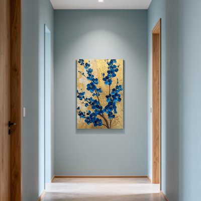 Plantes et fleurs, fleurs bleues sur fond doré, reproduction d'art