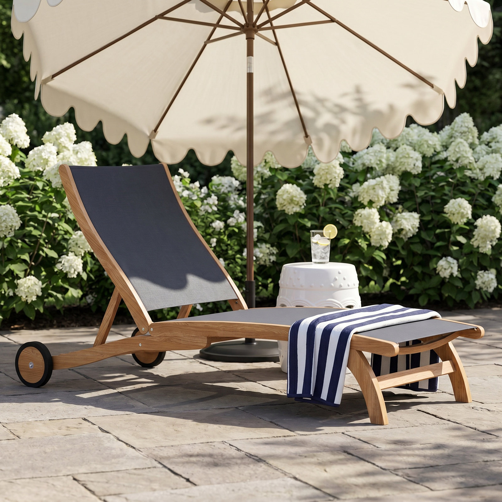 Perrin Teak Outdoor Reclining Chaise Lounger with Rear Wheels, Black