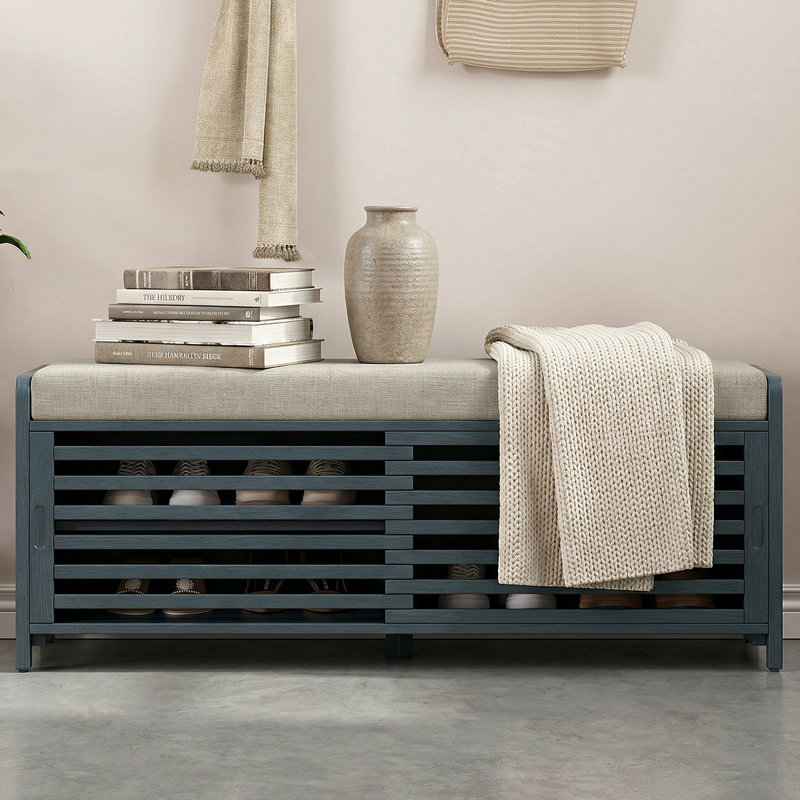 Rustic Entryway Storage Bench With Cushion - Shutter Door Organizer For Shoes And Accessories, Navy
