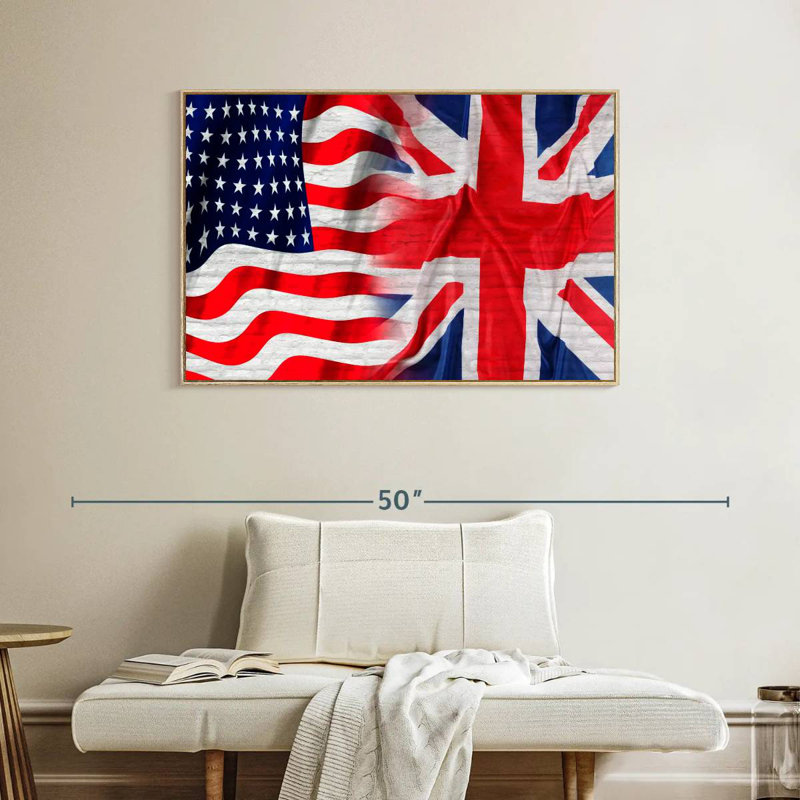 Drapeau américain et britannique, Cadre flottant en bois naturel, 40 po x 27 po