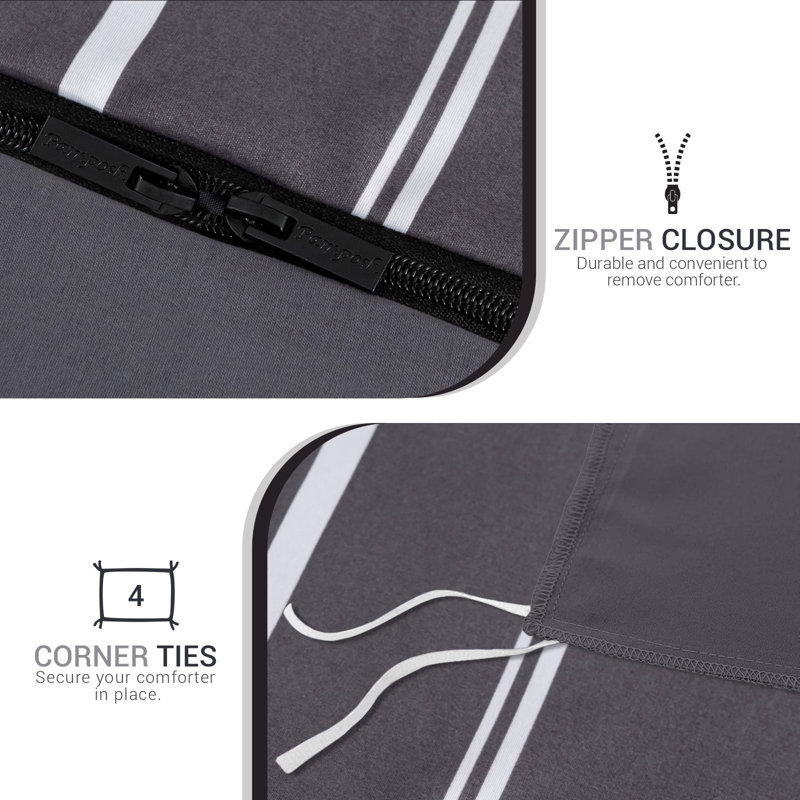 Soft Touch Reversible Duvet Cover Set with Secure Zipper & Corner Ties, Double Duvet Cover + 2 Standard Pillowcases, Charcoal