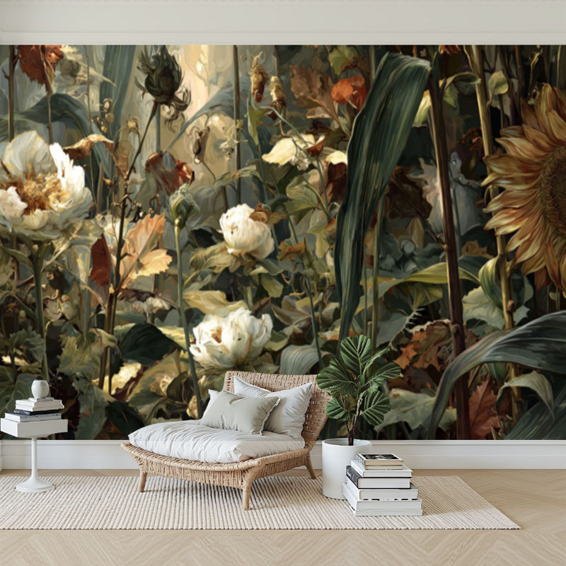Papier peint adhésif auto-adhésif moderne pour la chambre à coucher avec peinture de tournesol à feuillage de rêve L 69 po x l 96 po