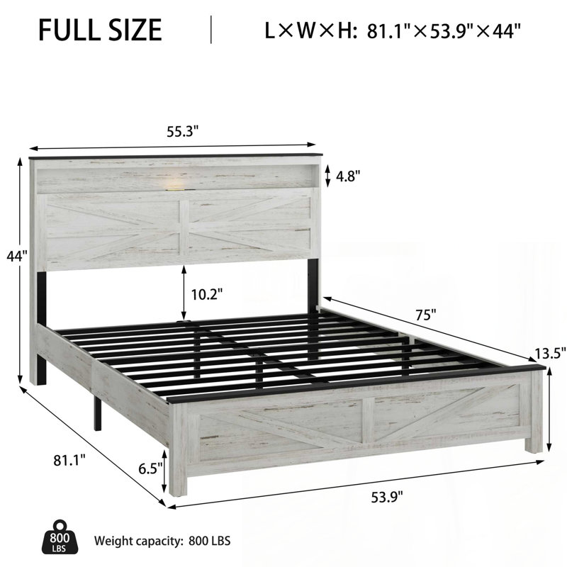 Lit avec tête de lit en bois, rangement caché, aucun sommier requis et station de charge intégrée, blanc, Double