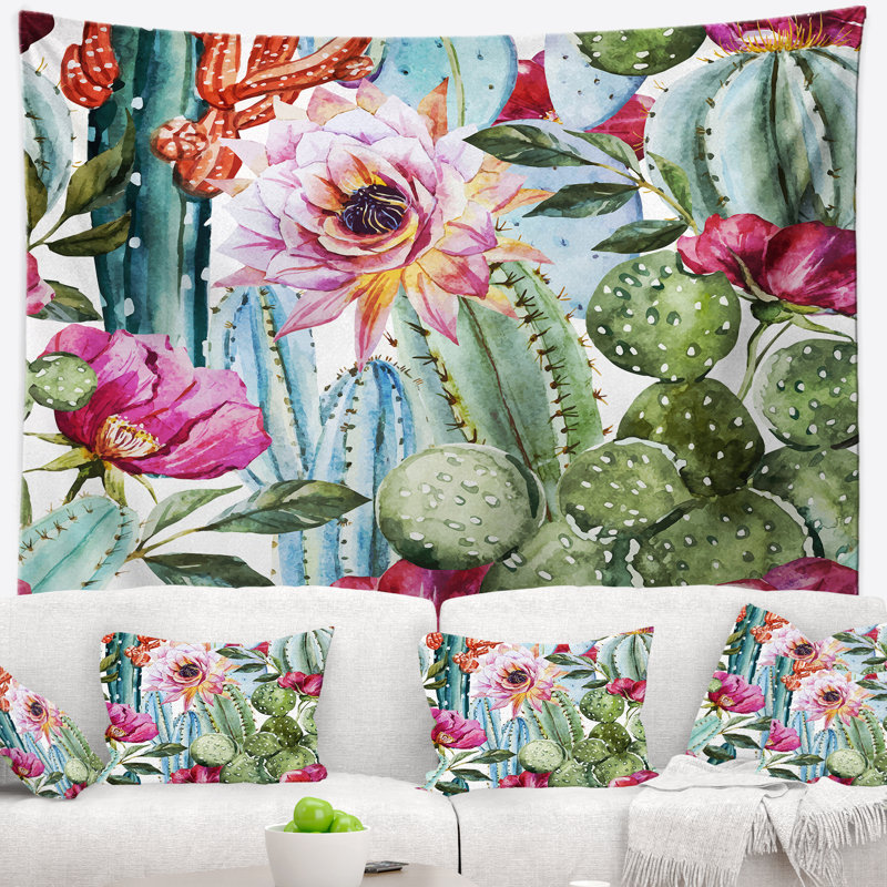 Tapisserie aquarelle motif floral cactus, H 32 po x l 39 po