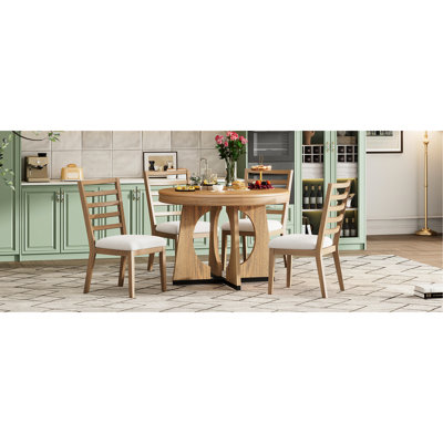 4 - Person Retro Dining , Extendable Round Table With 16" Leaf And Comfortable Upholstered Seating Elegance Style Tabletop Four