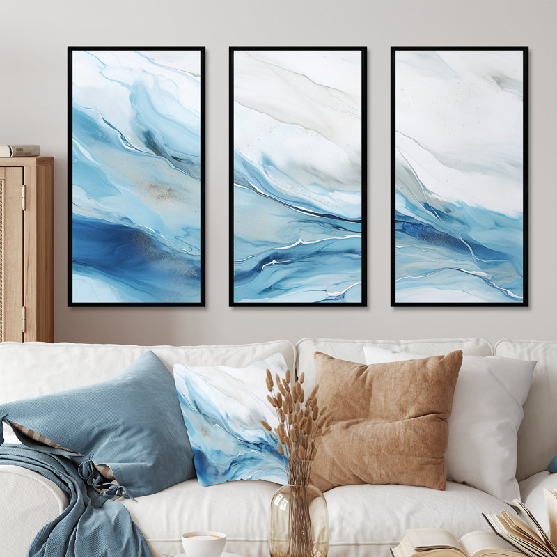 «White and Blue Glacier Charm», ensemble d'art sur toile formes abstraites, H 28 po x l 36 po x P 1 po, Cadre flottant noir