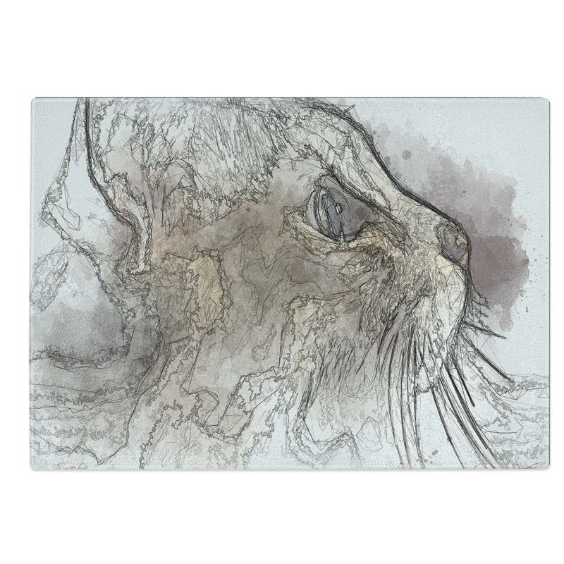 Tempered Glass Curious Cat Chopping Board, 39 cm W x 28.5 cm L