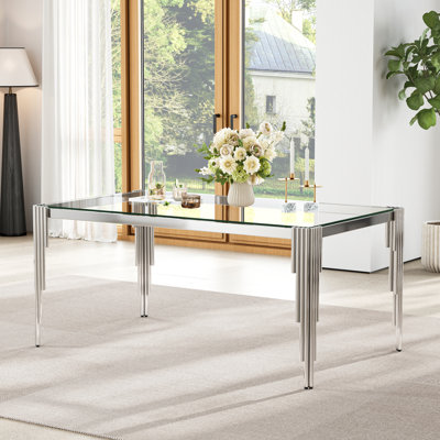 Modern Rectangular Glass Dining Table, 65" Tempered Glass Top, Polished Stainless Steel Round Tube Base