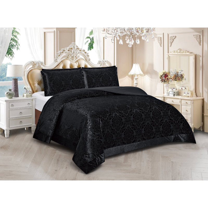 Velvet Damask Bedspread with Pillow Shams, Black, King Bedspread + 2 Standard Shams