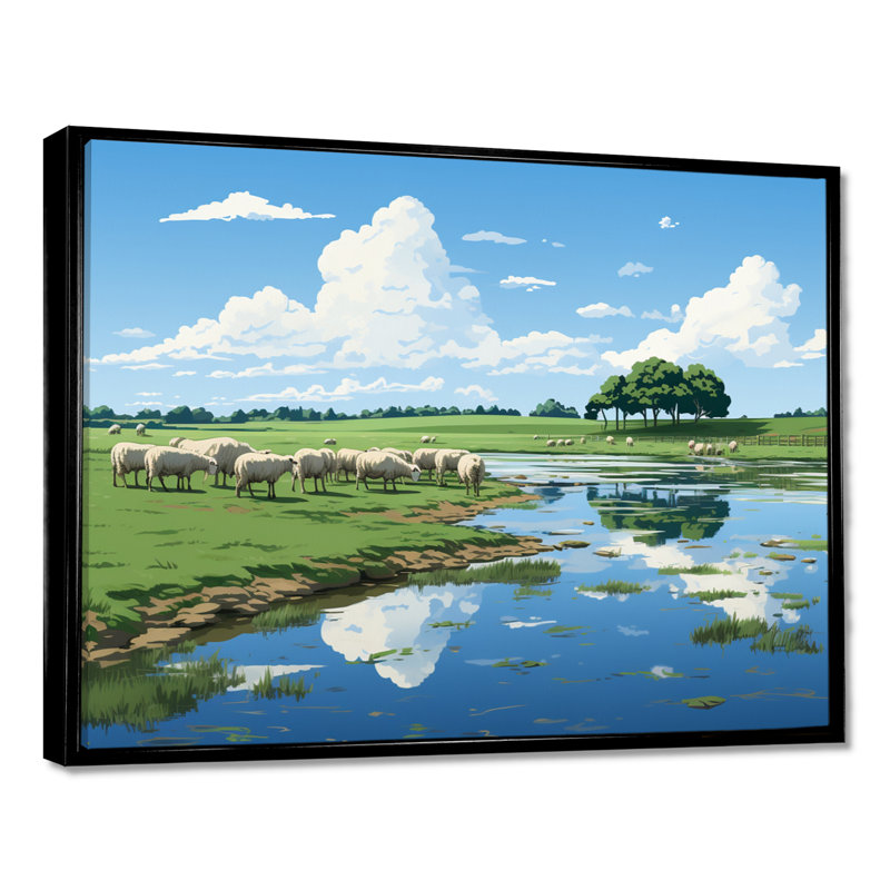 Troupeau de moutons broutant au bord de la rivière - reproduction d'art mural, Toile avec cadre flottant noir