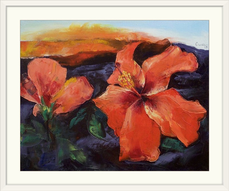 «Anjlee Hibiscus Volcano» par Michael Creese - reproduction d'art, H 27 po x l 32 po x P 1 po, Cadre blanc