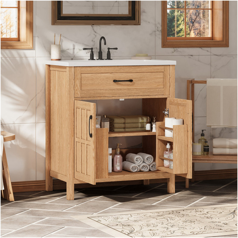 30" Bathroom Vanity With Resin Sink, Wood Frame Bathroom Sink Cabinet With Adjustable Shelf, Cabinet Door Organizers, Natural Wood Grain