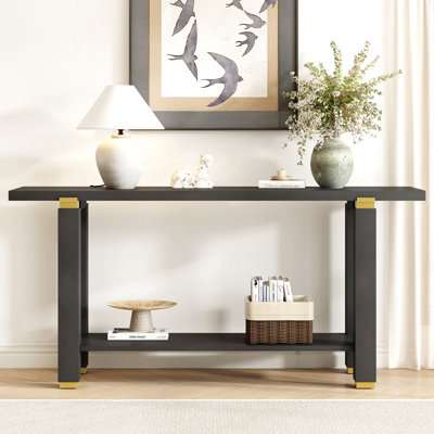 Console minimaliste moderne de 62,9 po, canapé d'entrée en bois massif avec accents en métal, tablette intégrée, salon, couloir (4 couleurs: noir, gris, naturel)